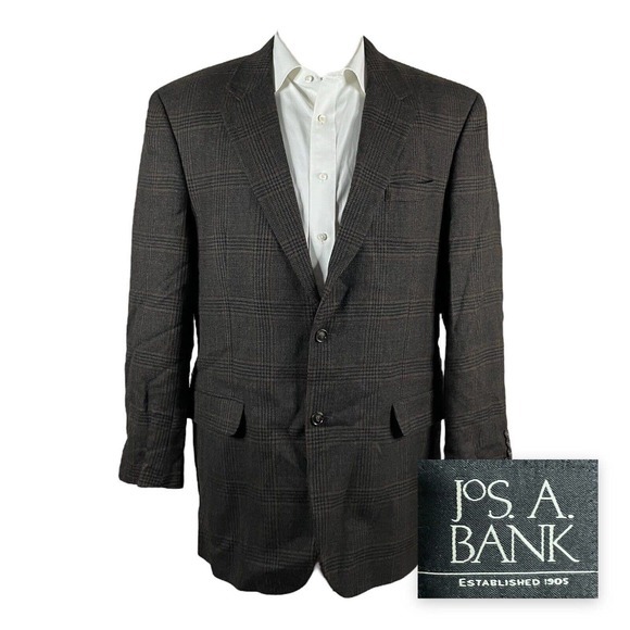 Jos A Bank Sport Coat Blazer Mens 44L Brown Plaid Flannel‎ Soft Tweed Wool - Picture 1 of 8